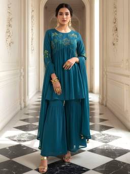 Dora Dori - Teal Floral Embroidered Kurta with Sharara and Dupatta