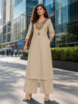 BERRYLICIOUS - Women Beige Cotton Embroidered Kurta with Palazzo