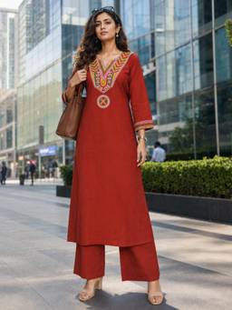 BERRYLICIOUS - Women Rust Cotton Embroidered Kurta with Palazzo