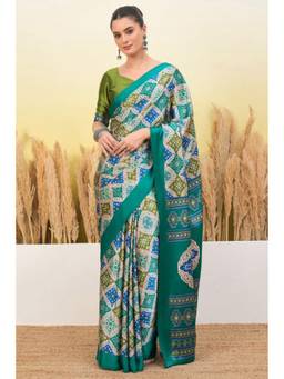 Mysilklove - Turquoise Blue Patola Printed Satin Crepe Silk Saree