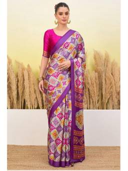Mysilklove - Periwinkle Purple Patola Printed Satin Crepe Silk Saree