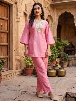 Dora Dori - Pink Chanderi Silk Embroidered Yoke Co-ord Set