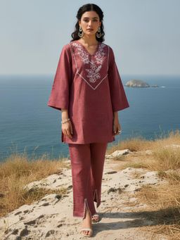 Dora Dori - Burgundy Linen Embroidered V-Neck Co-Ord Set