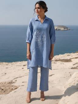 Dora Dori - Blue Striped Embroidered Co-ord Set