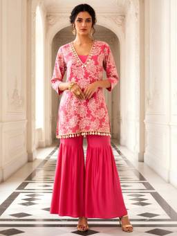Dora Dori - Pink Mirror Work Kurta with Sharara and Camisole