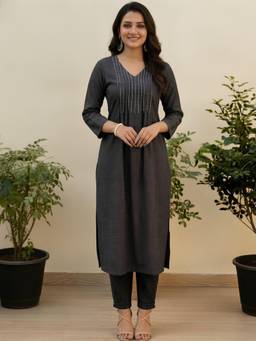 Dora Dori - Charcoal Kurta with Pleated Salwar