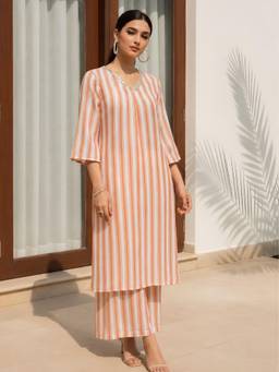 Dora Dori - Orange Stripe Mirror Work Detail Kurta with Pant