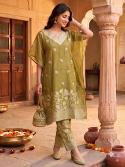 Dora Dori - Olive Mul Chanderi Jaquard Kaftan Kurta with Pant and Cami