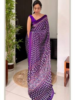 Mysilklove - Regalia Purple Modal Ajrakh Satin Printed Mirror Work Saree