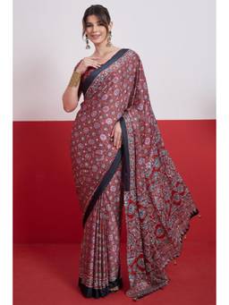Mysilklove - Rust Maroon Modal Ajrakh Satin Printed Mirror Work Saree