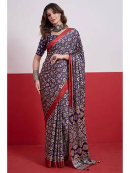 Mysilklove - Purple Modal Ajrakh Satin Printed Mirror Work Saree
