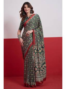 Mysilklove - Bottle Green Modal Ajrakh Satin Printed Mirror Work Saree