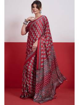 Mysilklove - Maroon Modal Ajrakh Satin Printed Mirror Work Saree
