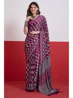 Mysilklove - Plum Purple Modal Ajrakh Satin Printed Mirror Work Saree