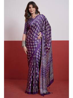 Mysilklove - Amethyst Purple Modal Ajrakh Satin Printed Mirror Work Saree