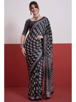 Mysilklove - Ebony Black Modal Ajrakh Satin Printed Mirror Work Saree