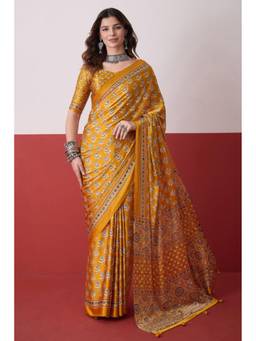Mysilklove - Marigold Yellow Modal Ajrakh Satin Printed Mirror Work Saree