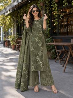BERRYLICIOUS - Cotton Green Floral Printed Hand Embroidered Kurta with Palazzo and Dupatta