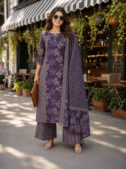 BERRYLICIOUS - Cotton Purple Floral Printed Hand Embroidered Kurta with Palazzo and Dupatta