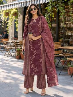 BERRYLICIOUS - Cotton Wine Floral Printed Hand Embroidered Kurta with Palazzo and Dupatta
