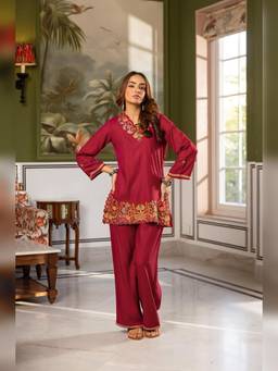BERRYLICIOUS - Women Rayon Red Embroidered Co-Ord Set
