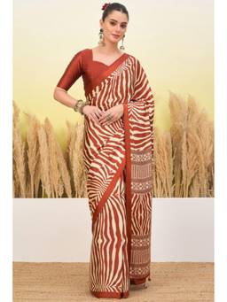 Mysilklove - Mocha Brown Modal Ajrakh Satin Printed Silk Saree