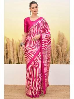 Mysilklove - Candy Pink Modal Ajrakh Satin Printed Silk Saree