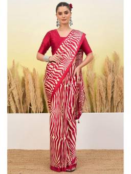 Mysilklove - Wine Red Modal Ajrakh Satin Printed Silk Saree
