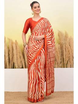 Mysilklove - Sunset Orange Modal Ajrakh Satin Printed Silk Saree