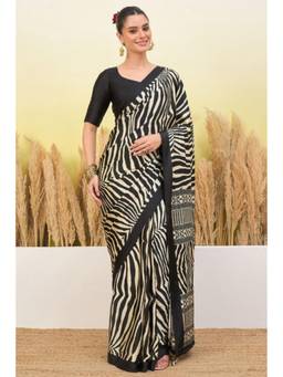 Mysilklove - Noir Black Modal Ajrakh Satin Printed Silk Saree