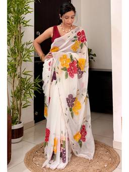 Mysilklove - Diamond Off White Floral Embroidered Georgette Saree