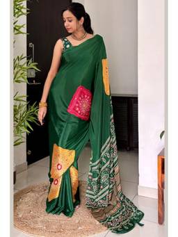 Mysilklove - Leaf Green Ajrakh Satin Printed Mirror Work Saree