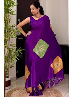 Mysilklove - Amethyst Purple Ajrakh Satin Printed Mirror Work Saree