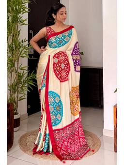Mysilklove - Biscuit Cream Modal Ajrakh Satin Printed Mirror Work Saree