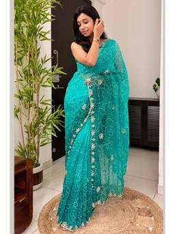 Mysilklove - Aqua Georgette Chiffon Bead Work Saree