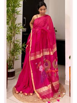 Mysilklove - Zinnia Pink Handloom Chanderi Cotton Silk Saree