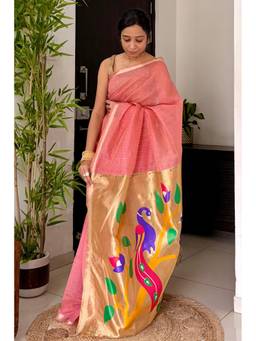 Mysilklove - Froly Pink Chanderi Paithani Peacock Pallu Saree