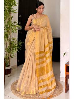 Mysilklove - Butter Cream Tissue Woven Silk Saree