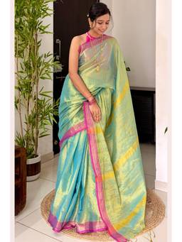Mysilklove - Moss Green Tissue Woven Silk Saree
