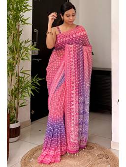Mysilklove - Kareena Kapoor Inspired Pink Ajrakh Georgette Mirror Work Saree