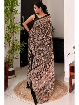 Mysilklove - Metal Black Modal Ajrakh Satin Printed Mirror Work Saree