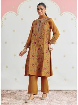 Lakshita - Aafreen Mustard Aari and Zari Embroidered Panelled Kurta with Pant and Dupatta