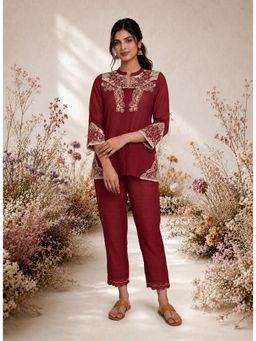 Lakshita - Zia Red Dori Embroidered Shantoon Blend Co-Ord Set