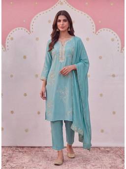 Lakshita - Noor Cyan Blue Aari Embroidered Kurta with Pant and Dupatta
