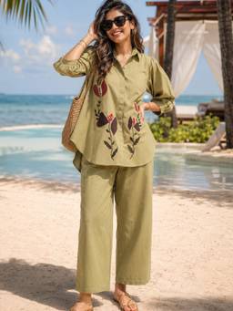 BERRYLICIOUS - Women Green Cotton Embroidered Co-Ord Set