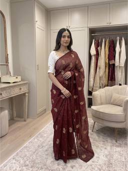 FLOSIVE - Maroon Women's Chiffon Moti Heart Cutwork Border And Embellished Work Saree