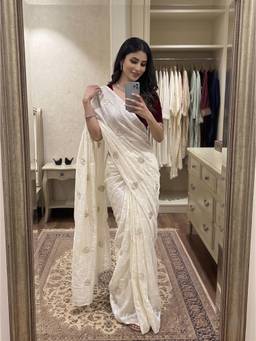 FLOSIVE - Off White Women's Chiffon Moti Heart Cutwork Border And Embellished Work Saree