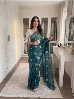 FLOSIVE - Teal Women's Chiffon Moti Heart Cutwork Border And Embellished Work Saree