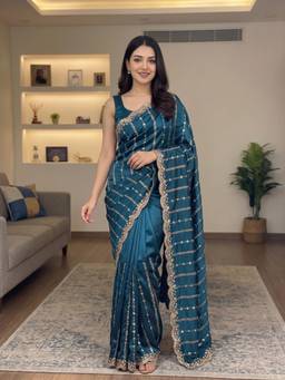FLOSIVE - Teal Embroidery Designer Border For Festive And Traditional Wear Saree