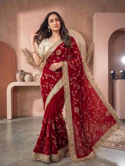 FLOSIVE - Red Women Space Sattin Bits Sequence World Saree